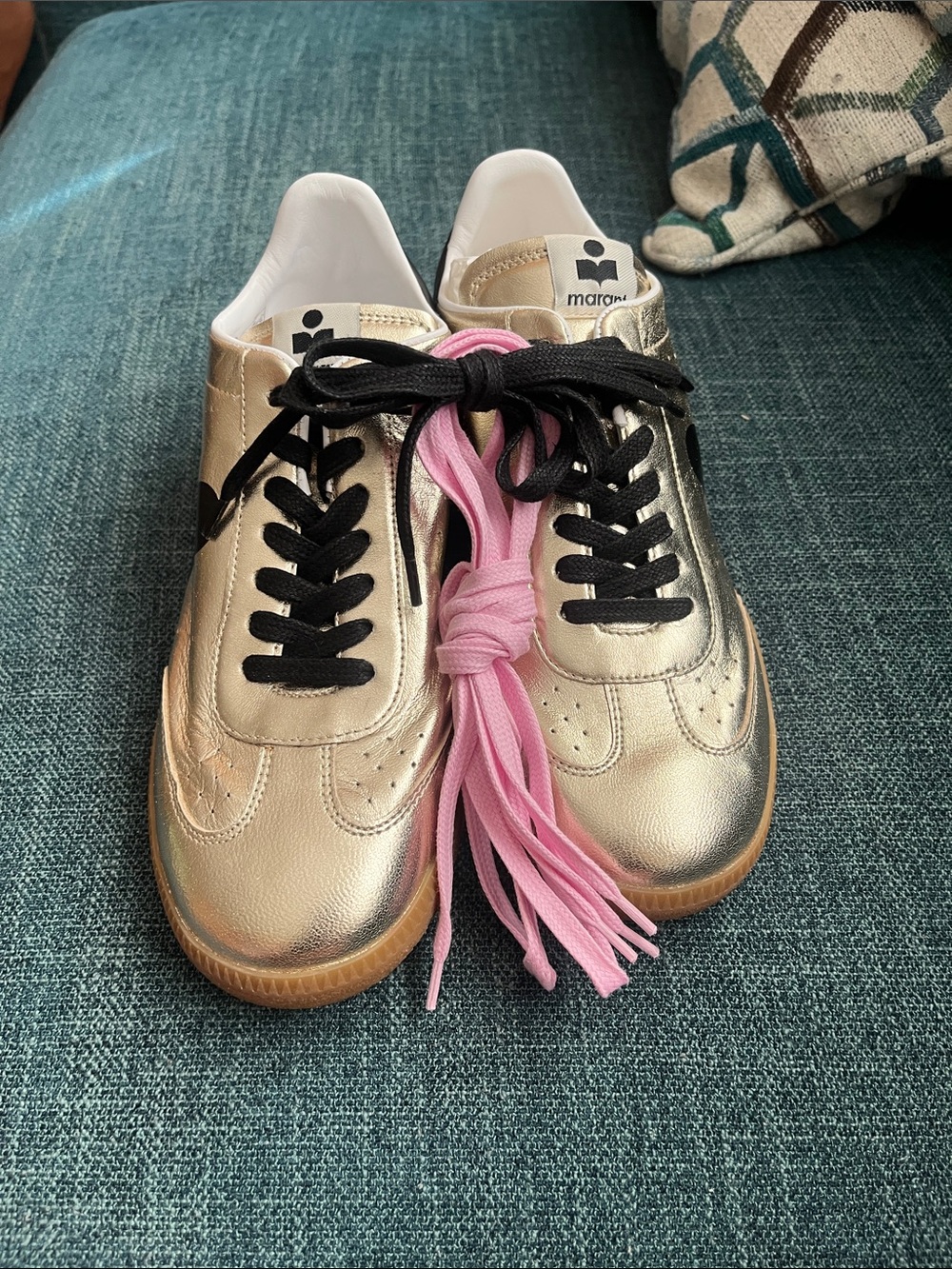 Kayce Gold Leather Sneakers with Black and Pink Laces isabel marant